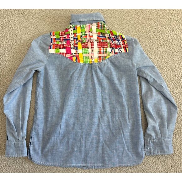 Vintage 70s Western Patchwork Button Shirt Womens Chambray Denim - Picture 2 of 16